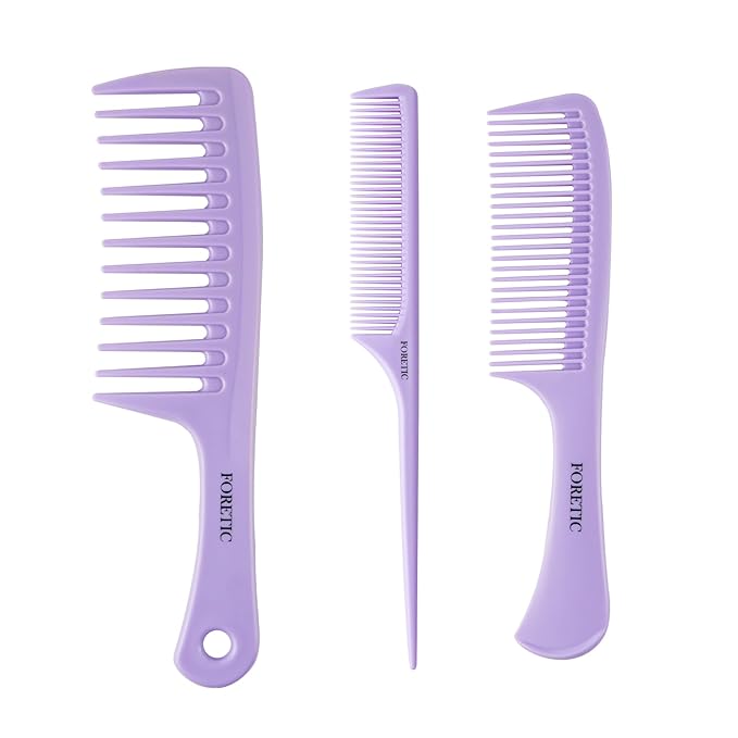 Hair Comb 3-in-1 Plastic Hair Comb Set For Women, Men - Wide Tooth, Rat Tail, and Regular Tooth Detangling Hair Combs for All Hair Types-Purple