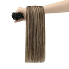 YoungSee U Tip Hair Extensions Human Hair Brown with Blonde U Tip Hair Extensions Highlight Ktip Human Hair Extension Brown Hot Fusion Extension Highlight Utip Extension 22In for Long Hair 1G/S 50G