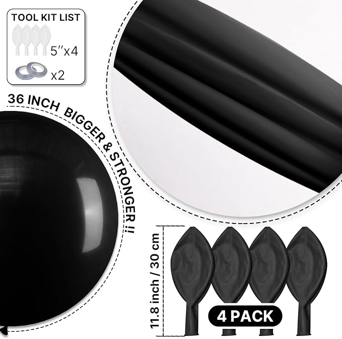 PartyWoo Black Balloons 4pcs Matte Latex Helium Balloons 36 Inch | Baby Shower - Image 6