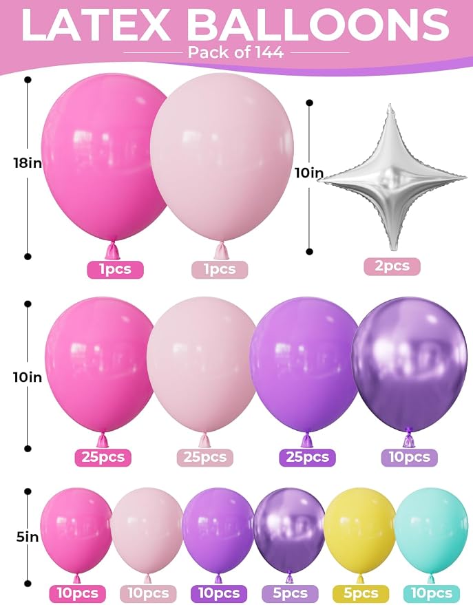 Pink and Purple Balloon Garland Arch Kit，Birthday Party Decor | 144 PCS Purple - Image 2