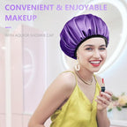 Aquior Shower Cap,Extra Large Triple Layer Bathing Cap with Dry Hair Function for Women Microfiber Terry Cloth Silky Satin 100% Waterproof Reusable Long Hair Bath Caps (Purple)