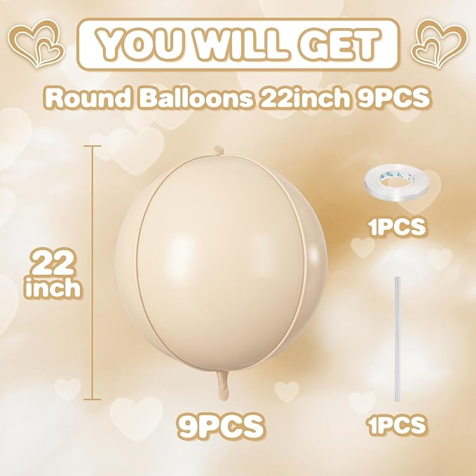 Cream Round Foil Balloons 9 pcs, Apricot Beige Giant 4D Round Balloons 22 Inch - Image 2