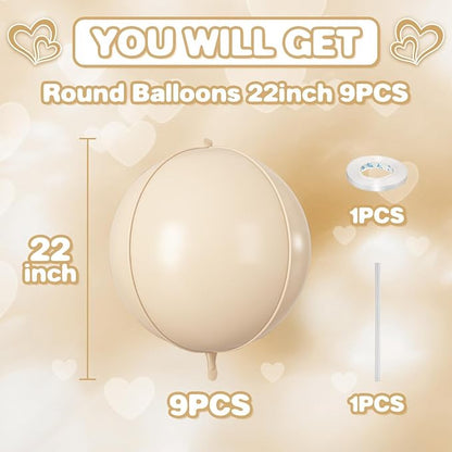 Cream Round Foil Balloons 9 pcs, Apricot Beige Giant 4D Round Balloons 22 Inch - Image 2