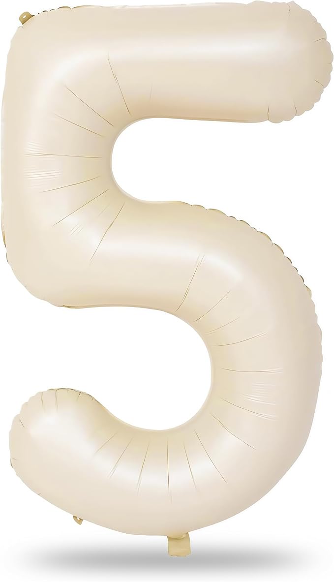 Beige Number 5 Balloon for Girls Boys, 40 Inch Large Cream Number 0-9 Foil by Lingqiang