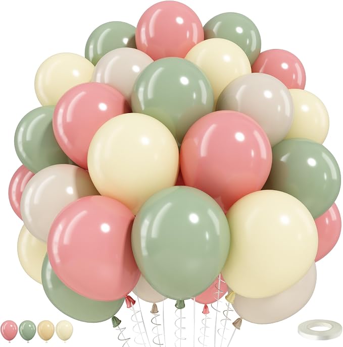 Dusty Pink Green Yellow Balloons, 12inch 50pcs Pink Sage Green Pastel Light by Togvu
