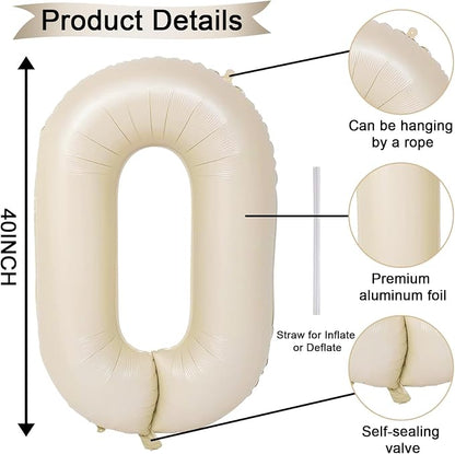 40 Inch Large Cream Numbers Balloons 0-9, Self Inflating White Sand Foil Number - Image 2