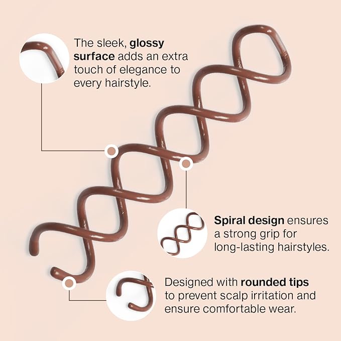 Kitsch Spiral Bobby Pins for Girls and Women - Hair Bun Maker | Rounded Tips, Chip-Resistant Bun Twist Spiral Hair Pins | Secure Hold All-Day | Ideal Gifts for Women - 3Pcs, Brown