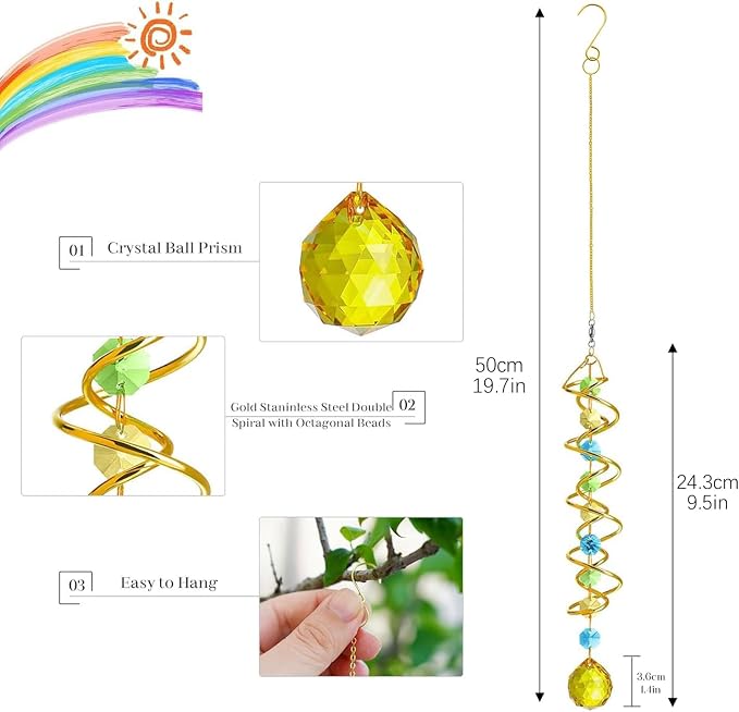 20.5in Yellow Crystal Gazing Ball Spiral Wind Spinner Suncatcher Decor | Yellow - Image 3
