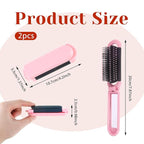 Foldable Hair Brush with Mirror, 2 Pcs Portable Travel Hairbrush Anti-static Mini Hair Brush Pocket Size Compact Massage Comb Hairstyling Tools for Women Girls Home Travel Gym Purse (Pink, Blue)
