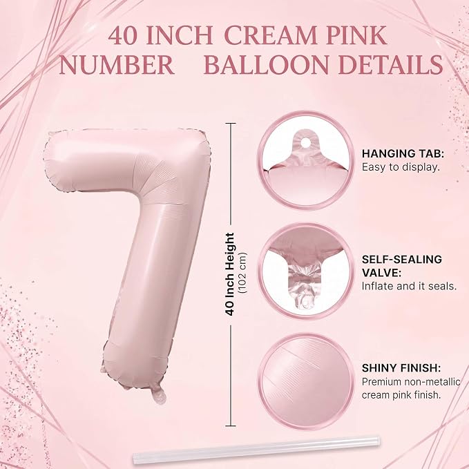 Soft Pink Number 17 Balloon 40 Inch, Pastel Foil Digits Theme Party Supplies - Image 4