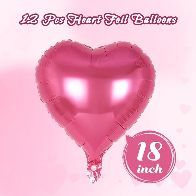 12 Pcs Deep Pink Heart Balloons, 18 Inch Heart Foil Balloons Love Balloon - Image 2