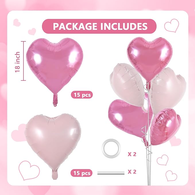 TONIFUL 30Pcs Pink Hot Pink Heart Balloons 18Inch Heart Shape Foil Balloon | - Image 2