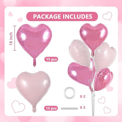 TONIFUL 30Pcs Pink Hot Pink Heart Balloons 18Inch Heart Shape Foil Balloon | - Image 2