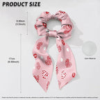 2 Piece Heart Print Ribbon Bow Elastic Hair Ties for Women Trendy Knotted Bow Valentine's Day Hair Scrunchies Soft Scarf Scrunchy with Flowing Tails