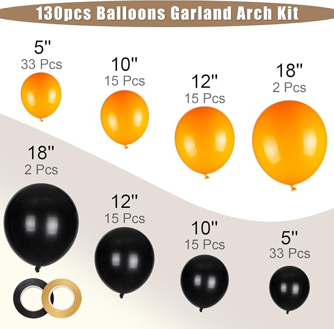 130pcs 18 12 10 5 Inch Black and Orange Balloons Garland Arch Kit | Different - Image 2