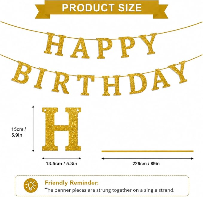 Happy Birthday Banner Gold Glitter Birthday Party Banner Pre-Strung | Happy - Image 2