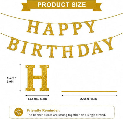 Happy Birthday Banner Gold Glitter Birthday Party Banner Pre-Strung | Happy - Image 2