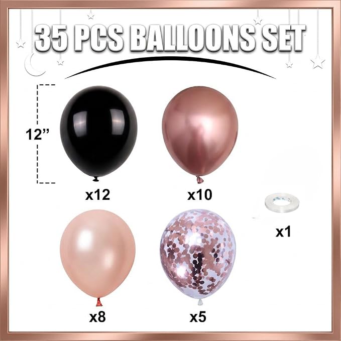 HILAVO Rose Gold and Black Balloons, 12Inch Metallic Rose Gold and Confetti - Image 2