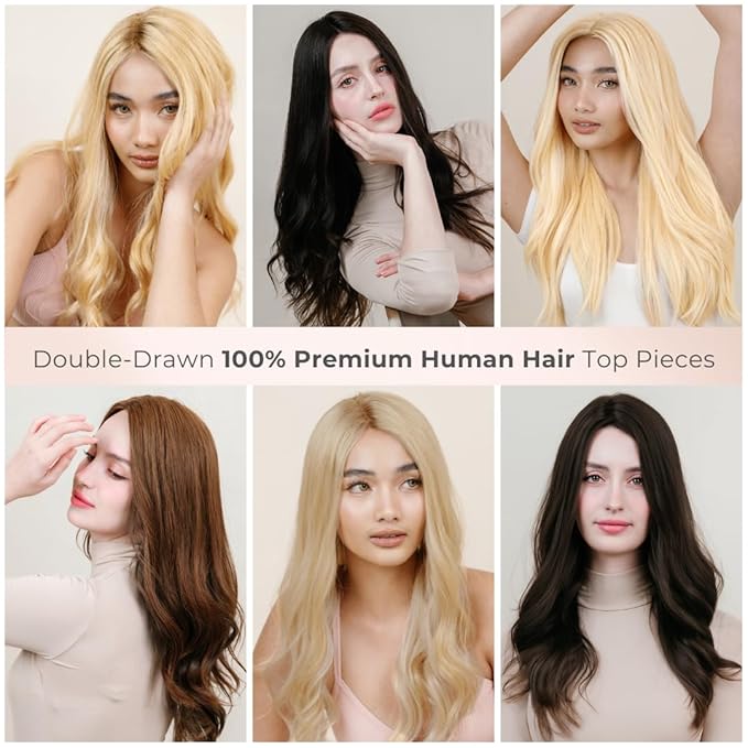 Katalaeya Hair 100% Human Hair Topper - Aurora Crown Double-Drawn Remy Clip-In Mono Base Top Piece for Women with Thinning Hair, Alopecia & Chemo Hair Loss (613)