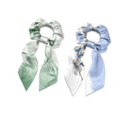 Green Bamboo Print Satin Hair Ties No Damage Long Hair 2 Pcs Floral Blue Knotted Bow Hair Scrunchies Elastic Scarf Scrunchies for Women Girls