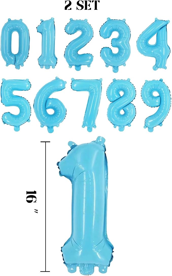 2 Set 20 Pcs Number Balloons 16 Inch Baby Blue 0-9 Number Mylar Foil Balloons - Image 2