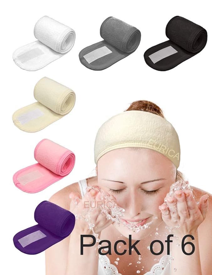 EUICAE Spa Headband - Non-slip Stretchable Washable Makeup Headband for Face Wash Facial Treatment Sport - Fits All, White (Mixed color), 6 Count
