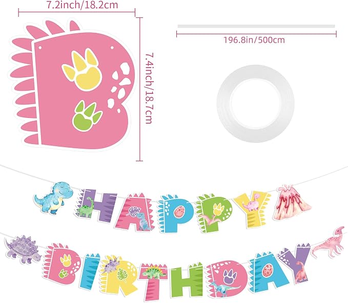 Dinosaur Happy Birthday Banner Cute Dinosaur Party Banner Pink Dinosaur - Image 2
