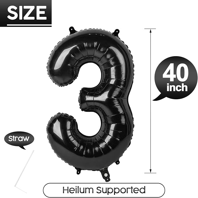 3 Balloon - Black Birthday Number Balloons, 40 Inch Decorations Men Women | - Image 5
