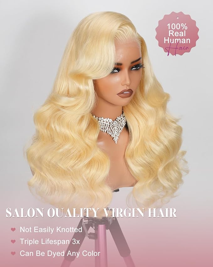 20 Inch 613 13x6 Lace Front Wig Human Hair 180 Density Blonde Wig Human Hair Body Wave 100% Real Human Hair True Length Random Dyeing No Shedding No Synthetics Triple Lifespan 3X