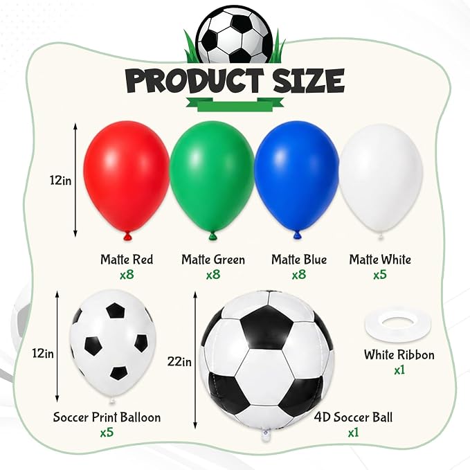 Soccer Balloons, 12 Inch Red Green and Blue White Soccer Ball Balloons - Image 2