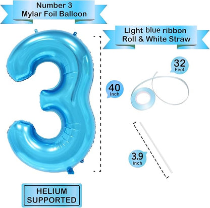 Blue 3 Number Balloon, 40 Inch, Premium Mylar, - Image 3
