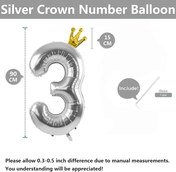 Silver Number 3 Balloon with Crown, 40 inch Silver Number Balloon 3rd Birthday - Image 2