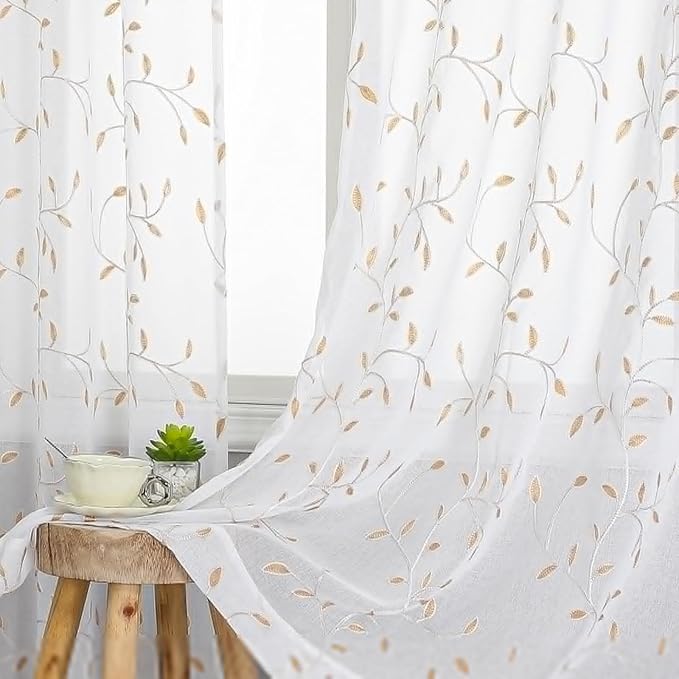 White Sheer Curtains Orange Leaf Embroidery Linen 96 Inches Long | Light by VISIONTEX