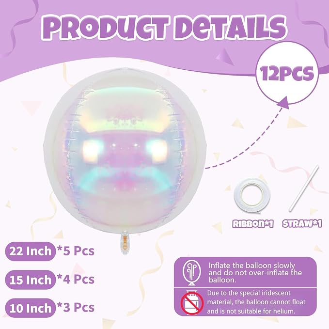 Biapian 12 Pcs Iridescent Foil Balloons, Different Size Holographic Balloons - Image 3