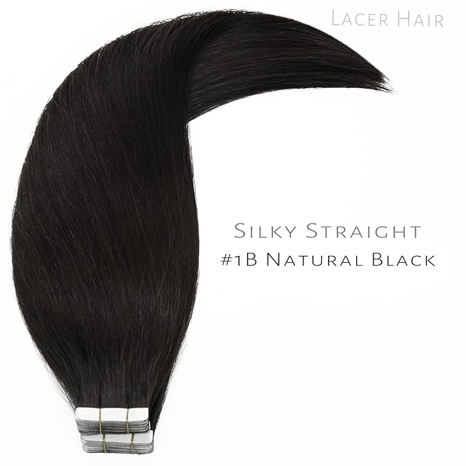 Lacerhair Seamless Remy Tape in Human Hair Extensions - Natural Black PU Skin Weft 100% Human Hair Tape in Extensions, Double Side Weft 16 inch 50g 20pcs/set