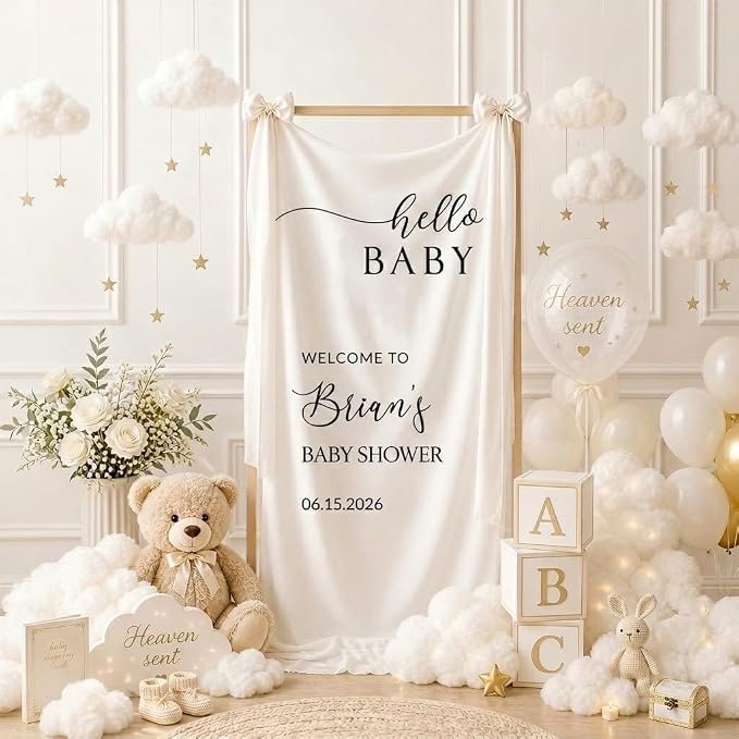 Personalized Baby Shower Fabric Welcome Sign Hello Baby Linen Backdrop 1 | - Image 3