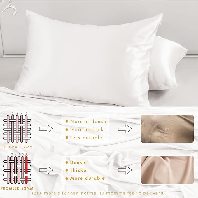 PROMEED 23 Momme White Silk Pillowcase for Hair and Skin, 100% Natural Mulberry Silk Pillow Case for Sensitive Skin, Breathable and Soft Acne Pillowcase (Queen 20"x30", White)