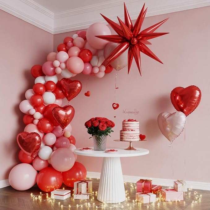 Valentine's Day Balloons, 12 Inch Pearl Pink Red Heart Shaped Confetti Latex - Image 5
