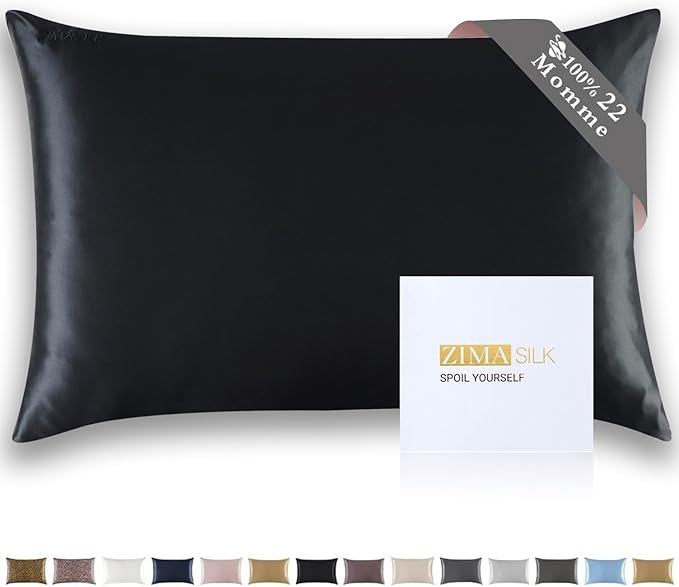 ZIMASILK 22 Momme Silk Pillowcase for Hair and Skin - 100% Pure Mulberry Silk with Hidden Zipper, Grade 6A Luxury Pillow Case for Women, Soft & Durable, Gift Box (Queen 20"x30" Black)