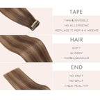 Human Hair Tape in Extensions Chocolate Brown Mixed Honey Blonde 22 Inch 20pcs Tape in Hair Extensions Human Hair Sided Remy Invisible Tape in Hair Extensions Human Hair (4/4/27#,22 Inch)