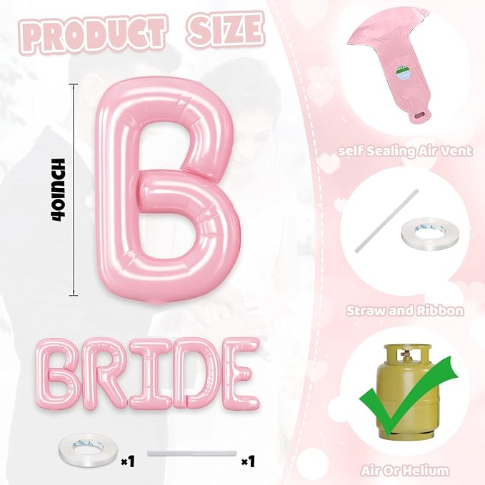 40 Inch BRIDE Balloons Bachelorette Party Decorations, Pearl Pink Bride Letter - Image 2