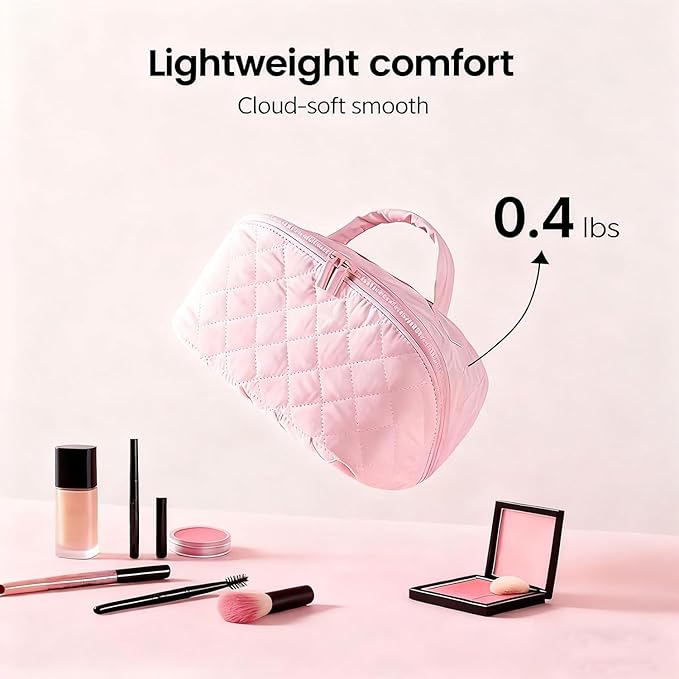 Petition Travel Makeup Bag for Woman,Festivalment Lay Flat Makeup Bag, Wide Open Water-Resistant Cosmetic Case,Puffy Padded Organizer for Toiletries & Brushes Large Capacity with Compartments (Khaki)