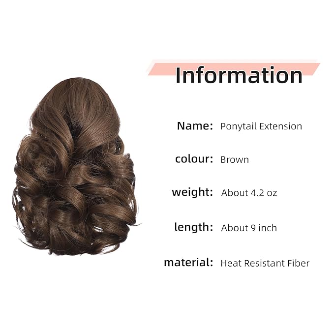 Ponytail Extension, Clip on Ponytails for Women, 9" Claw Clip in Short Curly Wavy Pony Hair Extension for Women - Brown
