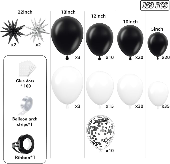 153Pcs Black and White Balloons Garland Arch Kit - Image 2