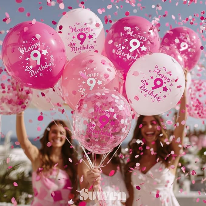 SUWEN Pink 9th Number Printed Balloons 38PCS 12 Inch | 1-9 Latex Balloons Happy - Image 3