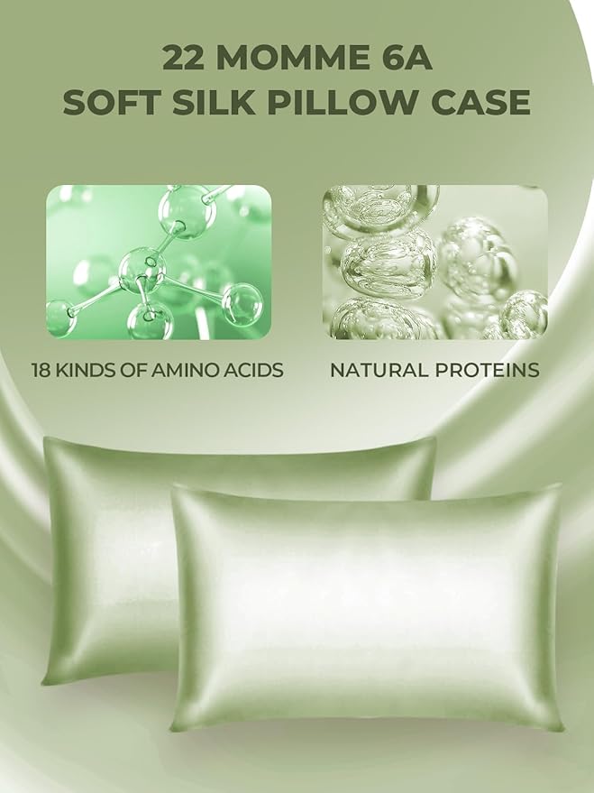 Mulberry Silk Pillowcase for Hair and Skin, SGMSILK 22 Momme Natural Silk Pillow Cases with Zipper, 6A Soft and Smooth Single Sided Pure Silk Pillow Cover (Matcha, Standard 20"x26")