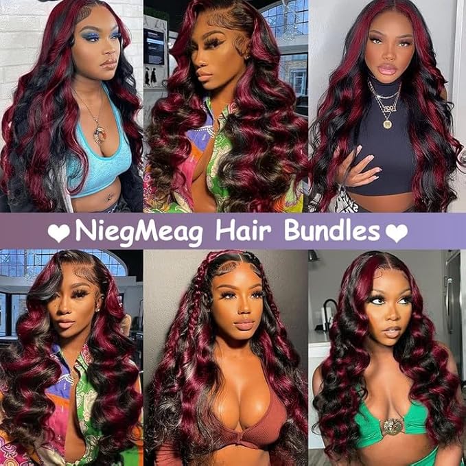 24 26 28 Inch Highlight Human Hair Bundles 99j Body Wave Bundles Brazilian Virgin Remy Hair Extensions Niegmeag 2 Tone Black and Red Body Wave Bundle