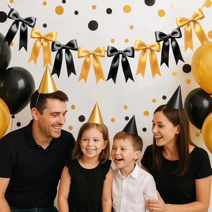 2 Strings of 16PCS Black&Gold Bow Garlands Banner Decoration, Pre-Strung Satin - Image 4