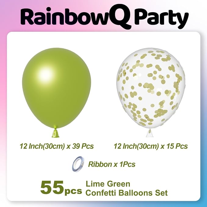 RainbowQ Metallic Lime Green Balloons 55Pcs 12 Inch Confetti Helium Party | - Image 3