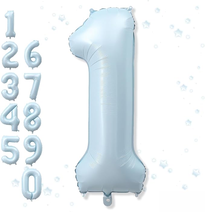 Big Number 1 Balloons, Light Matte Sky Blue Foil 1 Balloon Numbers 40 Inch by Froova